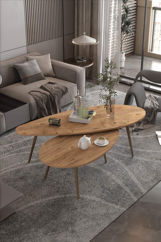 Orta Sehpa Seti Modern 2’li Ahşap Ayaklı